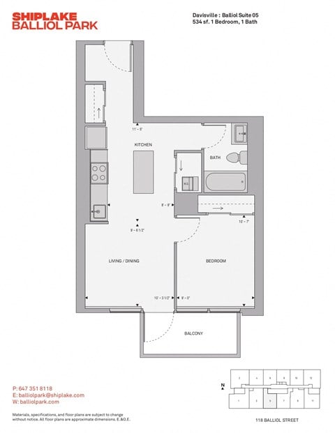 Floor plan for 1 bed, 1 bath, 534 sqft